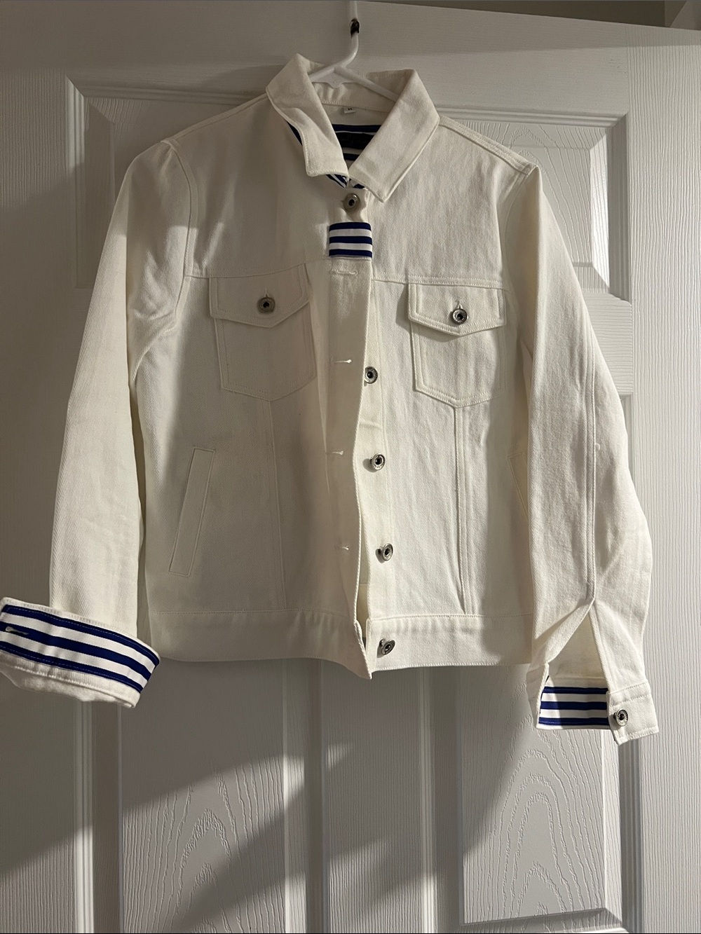 Womens off white- Cream Denim Jacket with Navy Stripe Trim
